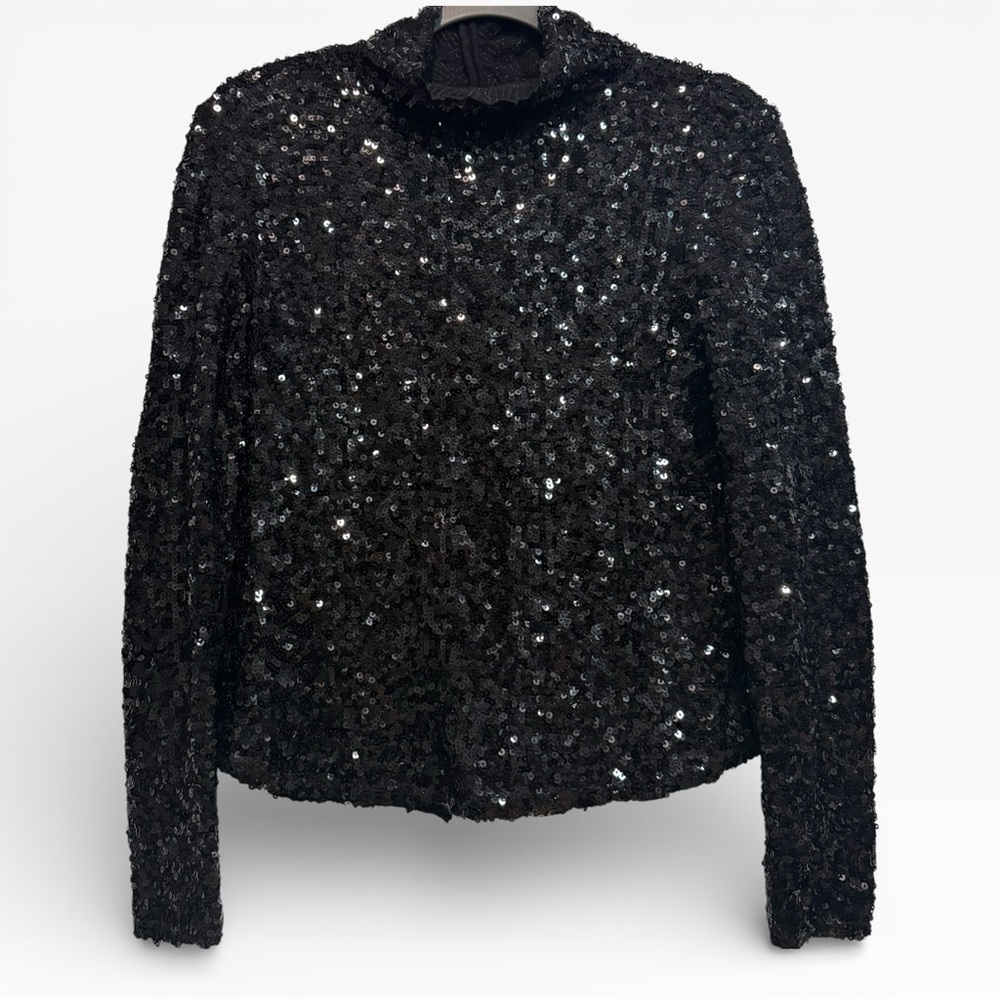 Free People Intimately Black Sequin Mock Neck Long Sleeve Slouchy Top Size Small